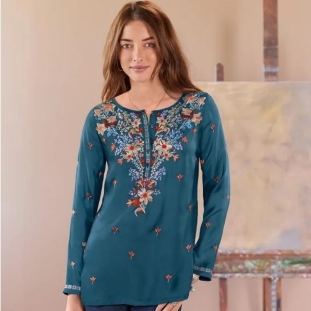 Sundance Silk Like Cordelia Tunic Embroidered Blue/Teal Long Sleeve, Sz Small